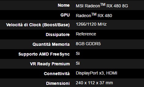 MSI RX480 specifiche